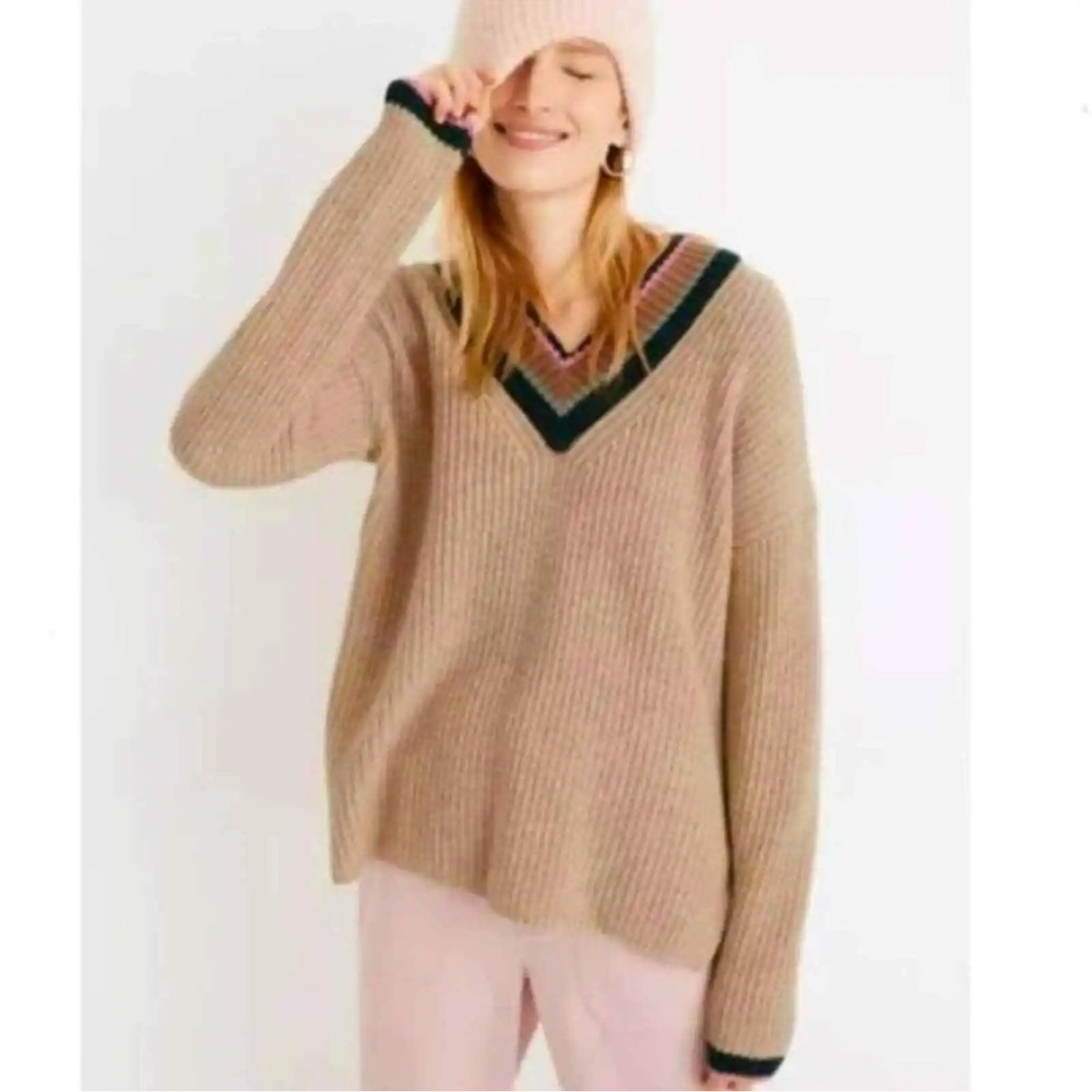 Madewell Beige V-Neck Sweater with Multicolor Trim